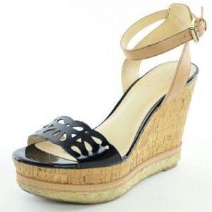 Nine West Larkin Black Patent Leather Cork Wedges